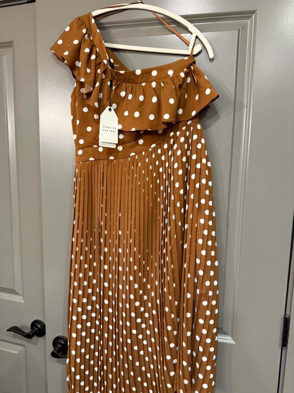 English Factory Brown Polka Dot One-Shoulder Ruffle Maxi